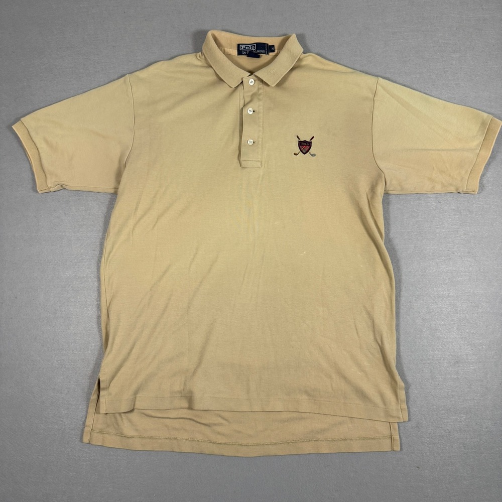 Vintage Polo Ralph Lauren Mens Polo Shirt M Tan Cotton Crest Logo Short Sleeve - Picture 2 of 13